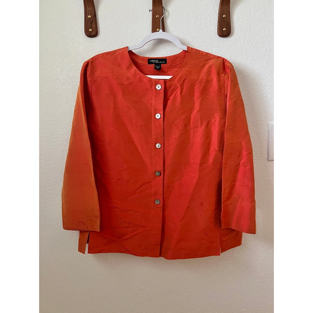 Valerie Stevens‎ Blouse Womens L Silk 3/4 Sleeve Button Front Minimalist Orange